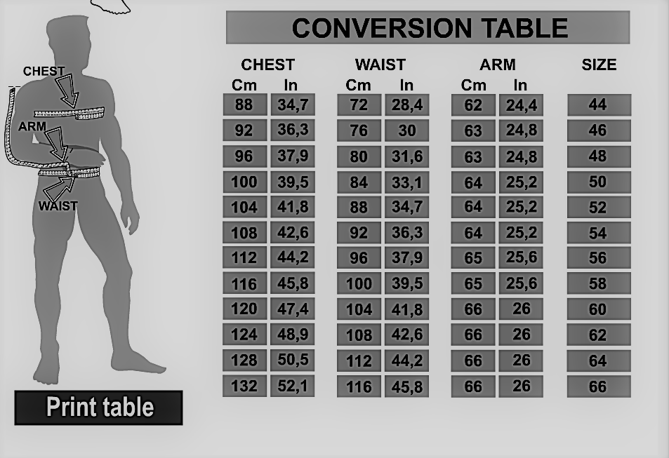 jacket size chart