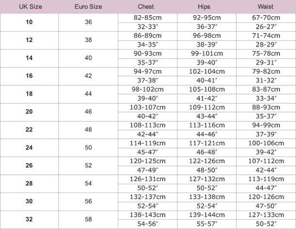 clothing measurement chart